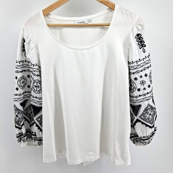 Chico's Tops - Chicos White Peasant Top Black Emboidered Balloon Sleeves Sz XL Bohemian Cottage